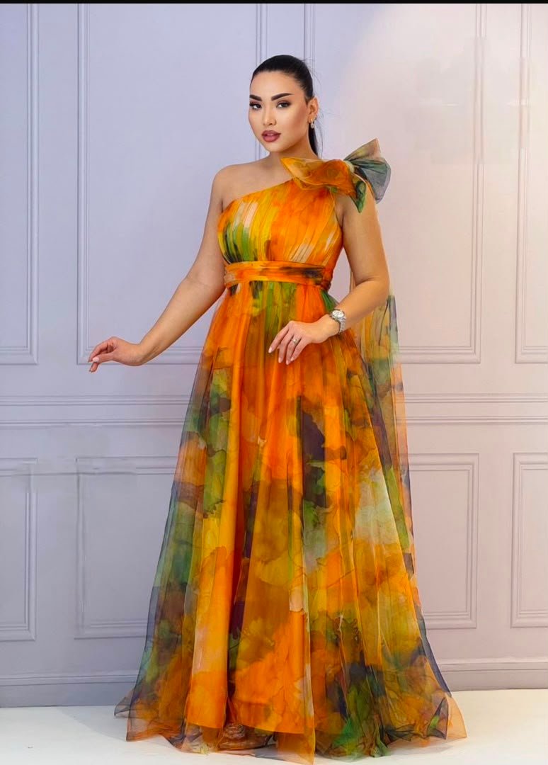 Robe longue one-shoulder aquarelle
